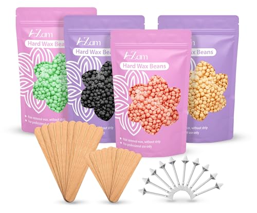 AZAM Hard Wax Beads for Hair Removal - Full Body 4X100G Painless Beans With 20 Applicators and 10 Nose Sticks - Professional for Eyebrow, Bikini
