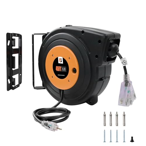 EP Retractable Extension Cord Reel, 45 Ft Heavy Duty Power Cord, 12 AWG/3C SJTOW, 15 AMP Circuit Breaker, Lighted Triple Tap, Ceiling or Wall Mount, UL Listed