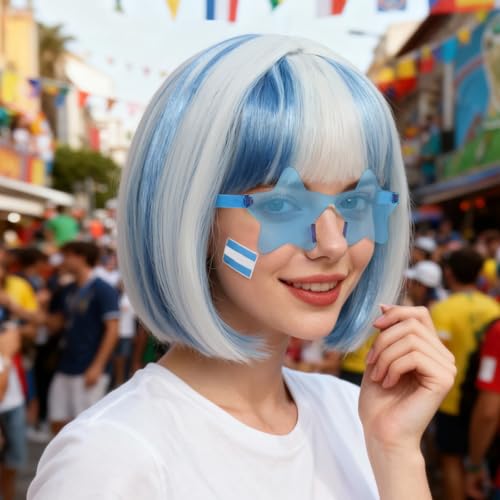 Image of ANOGOL Hair Cap + (Sunglasses) Blue White Bob Wig with Bangs Womens Blue White Party Wigs with Sunglasses Short Neon Wig Fun Wigs Halloween Costume Bachelorette Hair Sports Event St Patrick Day