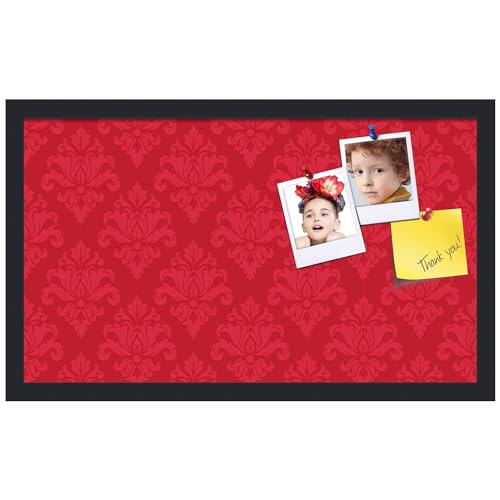 PinPix 24x14 inch Cork Bulletin Board. This Decorative Framed Pin Board Comes with Damask Rouge Design and Satin Black. Ideal for Home, Office Decor or School (PinPix-2119)