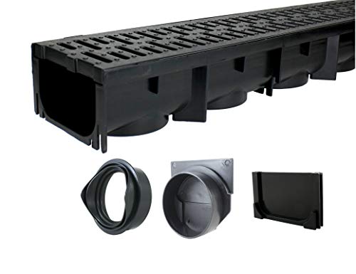 Image of URA WATER - Model UA-100 - Drainage Trench Set - Channel Drain With Grate - Black Plastic - 1 x 39 inch Long