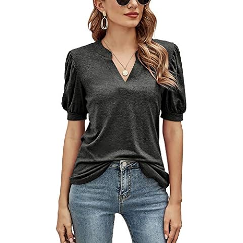 Lomon Womens T Shirts V Neck Short Sleeve Ladies Top Summer Supersoft Basic Ladies Plus Size Tops(Dark Gray,XL) Cover