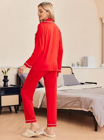 Image of Ekouaer Pajamas Women's Long Sleeve Sleepwear Soft Button Down Loungewear Pjs Lounge Set Nightwear XS-XXL