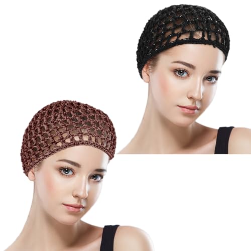 Hair Net Wrap 2 PCS Elastic Sleep Net Hairnet Knit Sleeping Cover Breathable Crochet Head Cap Stretchy Mesh Bandana Anti Frizz Shower Bathing Hats Press Absorption Curly Straight Hair(Brown/Black) - Image 3