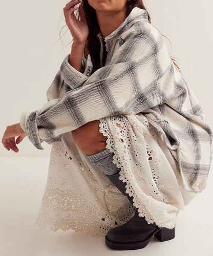 Womens Waffle Knit Plaid Shacket Boyfriend Button Down Shirt Jacket Loose Long Sleeve Tops Grey4