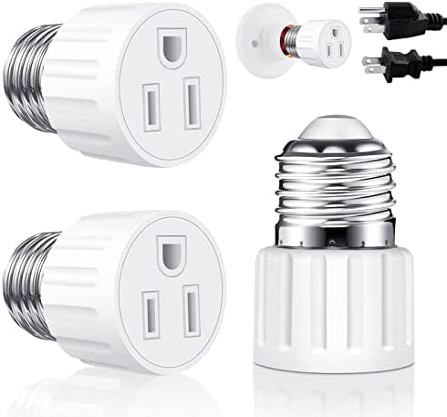 2 Packs E26/E27 3 Prong Light Socket to Plug Adapter, Polarized Screw in Outlet for Light Socket Adapter Outlet 3Prong Light Bulb Socket Adapter Fit for 2/3Prong Convert, for Porch Patio Garage, White