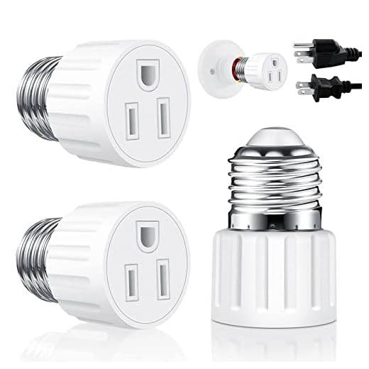 2 Packs E26/E27 3 Prong Light Socket to Plug Adapter, Polarized Screw in Outlet for Light Socket Adapter Outlet 3Prong Light Bulb Socket Adapter Fit for 2/3Prong Convert, for Porch Patio Garage, White