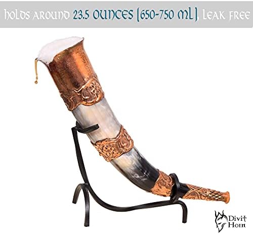 D H Divit Genuine Viking Drinking Horn with Iron Stand | Authentic Medieval Beer Drinking Horn | Brass Adornments & Burlap Gift Sack Included | 16 oz Capacity | (Copper, Polished)