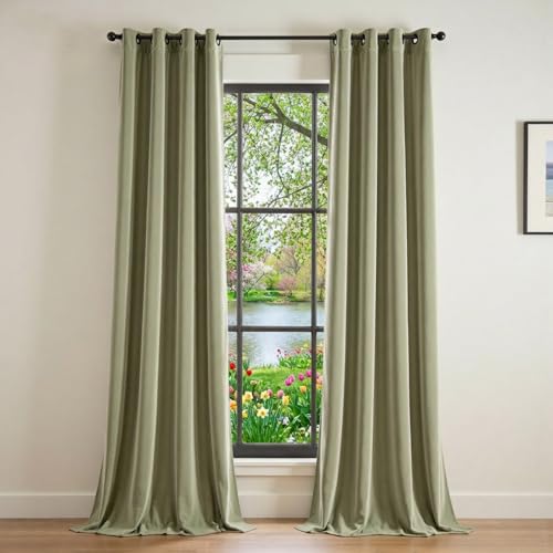 Image of Extra Long Olive Sage Velvet Curtains Grommet 52x108 Inch 2 Panels | Soft Velvet, For Tall Windows & High Ceilings, Light Shifting Texture, Elegant Drape, Serene, Fresh