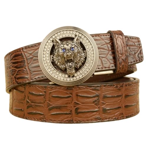 Ceinture à cliquet pour homme en cuir embossé crocodile avec une boucle loup en strass chic