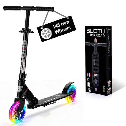 SUOTU Roller Kinder mit 145 mm Rollen, 100 Kg Tragkraft, Scooter mit Leuchtrad für 3-12 Jahren, Zusammenklappbarer, Höhenverstellbarer, Cityroller for Boys and Girls, Aluminium (Schwarz)