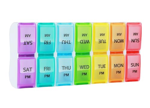 Daily Pill Box Organiser, Weekly Pill Box Organiser 2 Times a Day, AM PM Pill Cases Medicine Storage Box 7 Days, Daily Tablet Organiser for Vitamin, Fish Oil, Supplements, Detachable (Rainbow)