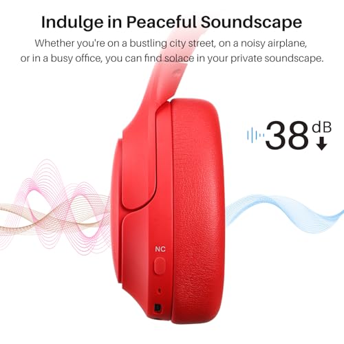 Image of TOZO HT2 Hybrid Active Noise Cancelling Headphones, Wireless Over Ear Bluetooth Headset, 60H Playtime, Hi-Res Audio Custom EQ via App Deep Bass Comfort Fit Ear Cups, for Home Office Travel Red