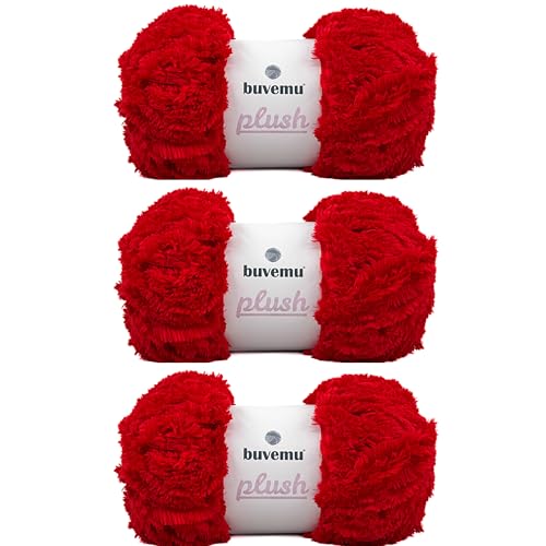 Image of Plush Faux Fur Bulky Yarn, Super Soft Fluffy Fuzzy for Knitting Crocheting Crafting, 100 Gram (3.53 Ounces) 109 Yards (100 Meters) (Red) (3 Skeins)