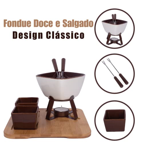 Conjunto Fondue em Cerâmica Quadrado 10 Peças Com Base em Bambu 300ml Chocolate Queijo 3 Velas