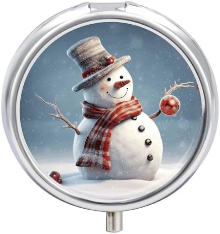 Funny Christmas Snowman Pill Case Portable Round Pill Boxes Moisture Proof Pill Organizer with 3 Compartment to Hold Vitamins Medication Fish Oil