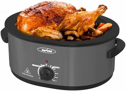 Slow Cooker with Self-Basting Lid, Electric Turkey Roaster Oven with Removable Pan and Rack, Stainless Steel, Grey, 8 QT