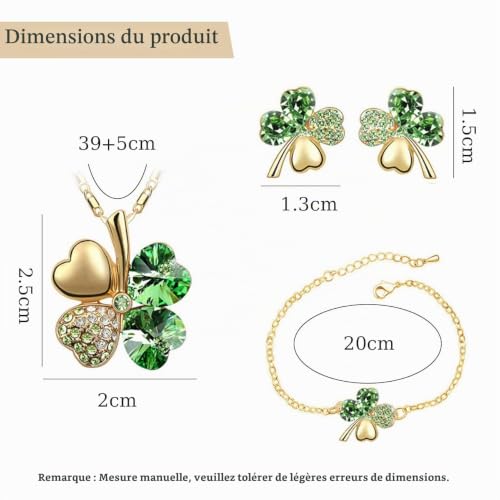 Auriselle Femme Ensemble de Bijoux Heureux Trèfle à Quatre Feuilles Strass Boucles D'oreilles Collier Bracelet 3 Pièces Bijoux Femmes avec Zirconium Cubique Cadeaux de Mariage pour Dames, Vert – vue 6