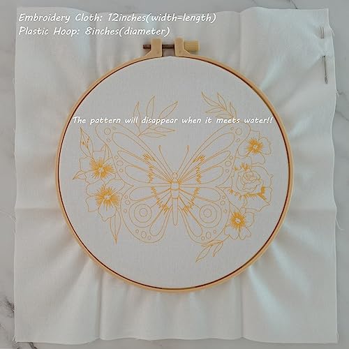 Image of Esffaci Embroidery Starter Kit for Adult Beginner with Blue Butterfly Flowers Pattern Hand Embroidery Set with Cloth Hoop Needle Threader Floss and Instruction