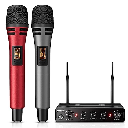 TONOR TW350 Wireless Microphones for Singing,UHF Handheld Dynamic Karaoke Mics& Receiver for Devices with XLR&6.35mm Audio Interfaz, 60 m for Karaoke, Wedding, DJ, Party, Church, TW350 Red&Grey
