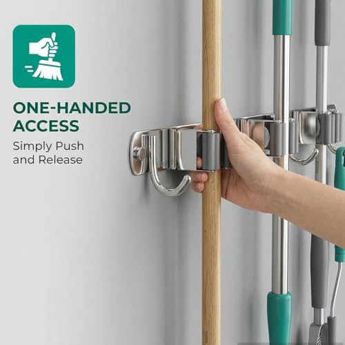 Image of Niwlix 3 Slot & 4 Hook Stainless Steel Mop and Broom Holder