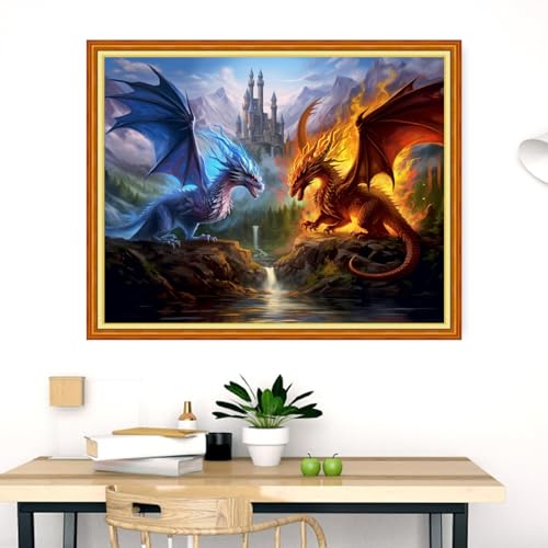 Image of Dimensean Stamped Cross Stitch Kits Full Range of Embroidery Patterns Starter Kits for Beginners Adult DIY Cross Stitches Needlepoint Kits 11CT-Water Fire Dragon 16x20 inch