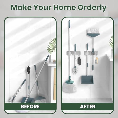 Image of JD FRESH 2 Slot & 1 Hook Stainless Steel Mop & Broom Holder Wall Mount /No Drill Sticky Anti Slip Waterproof Self Adhesive Broom Hanger Stand Organizer for Kitchen, Garden, Office, Garage (Silver)