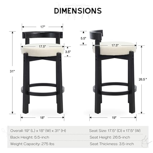 Image of CIMOTA 26.5 inch Counter Height Bar Stools Set of 2 | Mid Century Modern Low Back Bar Chairs with Black Wood Legs & Linen Upholstered Seat, Kitchen Island Stools, Beige