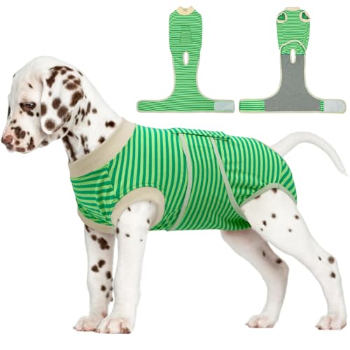 Image of FUAMEY Dog Recovery Suit Male,Dogs Surgery Neuter Suits Puppy Spay Shirts for Female Protect Dog's Skin Anti Licking Abdominal Wounds Doggie Onesie Pet Bodysuit Alternative to Cone Green Stripes XS