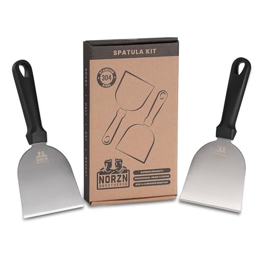 Norzn Brothers® 2X Espatula Plancha – Espatula Cocina Acero Inoxidable 304, Espátula Plancha Barbacoa, Parrilla, Teppanyaki Grill, Rasqueta Cocina, Certif. Contacto Alimentos, Garantía 10 Años