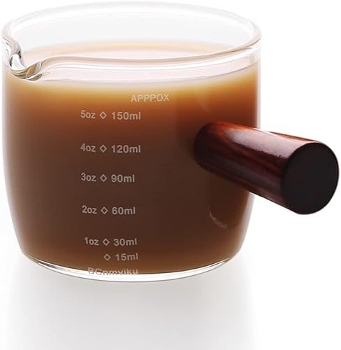 Miniatura 1 de Mango de madera graduado taza de boca única taza de café de vidrio 5.1 fl oz Copa de leche graduada vidrio transparente por
