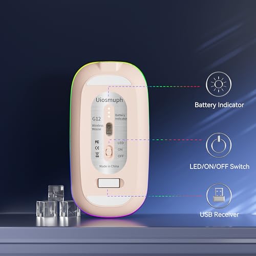 Image of Uiosmuph LED Wireless Mouse, G12 Slim Rechargeable Wireless Silent Mouse, 2.4G Portable USB Optical Wireless Computer Mice with USB Receiver and Type C Adapter (Nude Pink)