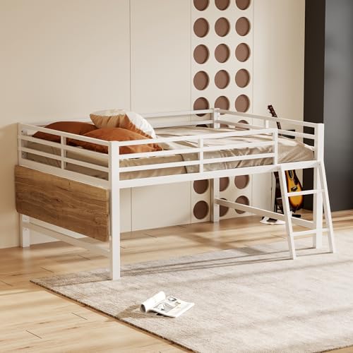 BXEYXE Cama plana de 140 x 200 cm, cama de metal, sin colchón, barandilla, escalera, escritorio, cinta LED, color blanco