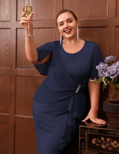 Image of Hanna Nikole Womens Plus Size Chiffon Cape Sleeve Ruffle Ruched Cocktail Party Pencil Dress for Wedding Guest