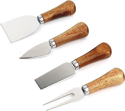 Linwnil Cheese Knives Set with Gift for Charcuterie Board Accessories Stainless Steel Knife with Wood Handle Cheese Slicer Cutter (Wood-4set)