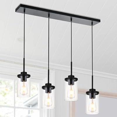 MELUXEM Kitchen Island Lighting with Clear Glass 4-Light Dining Room Light Fixtures Industrial Chandeliers Black Hanging Light for Kitchen Pool Table Lights Height Adjustable, 31.1inch Length