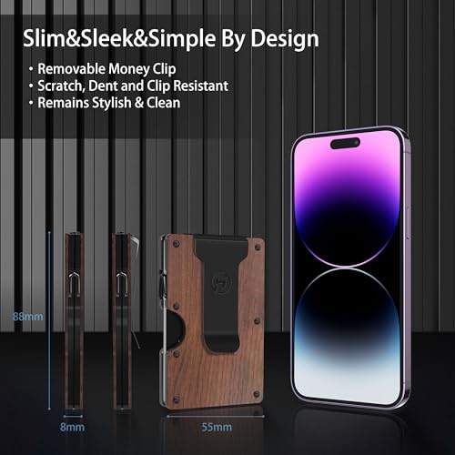 Minimalist Metal Wallet for Men - Slim RFID BLOCKING Wallets with Removable Money Clip - Mens Front Pocket Aluminum Small Credit Card Holder - Walnut Wood3
