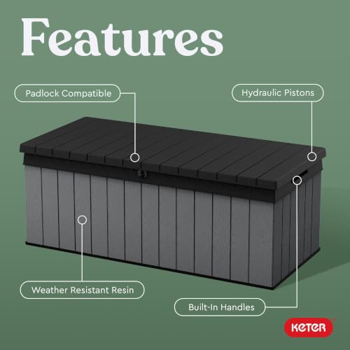 Image of Keter Darwin 100 Gallon Resin Large Deck Box - Organization and Storage for Patio Furniture, Outdoor Cushions, Garden Tools and Pool Toys, Grey & Black