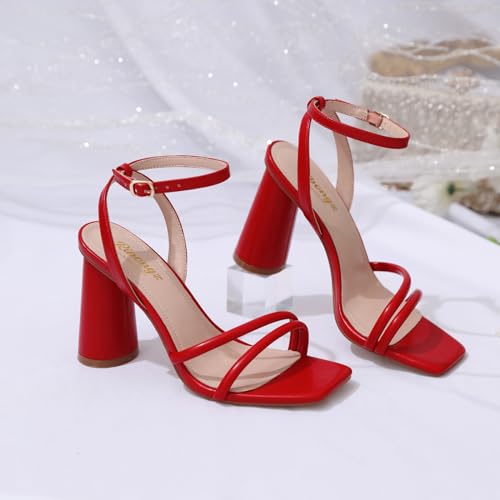 Image of RIBONGZ Block Heels Prom Heeled Sandals for Women Chunky Square Open Toe Strappy High Heels Ankle Strap Wedding Bridal Shoes High Heel Sandals for Party Dress
