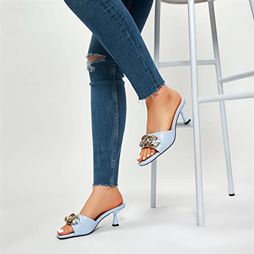 Tinstree Kitten Heels,Spring Square Toe Heels For Women Y2K Heels Open Toe Stilettos Strappy Slip On Mules Metal Chain Dressy Slides Slipper Heeled Sandals 2023 Blue,07 #TOP5