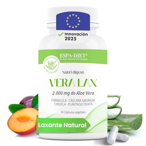 Laxante Natural - Aloe Vera, Cáscara Sagrada, Frángula, Ciruela, Plantago ovata - Laxante fuerte Alivio estreñimiento - Laxante rápido - Detox natural limpieza colon - Veralax 30 cápsulas