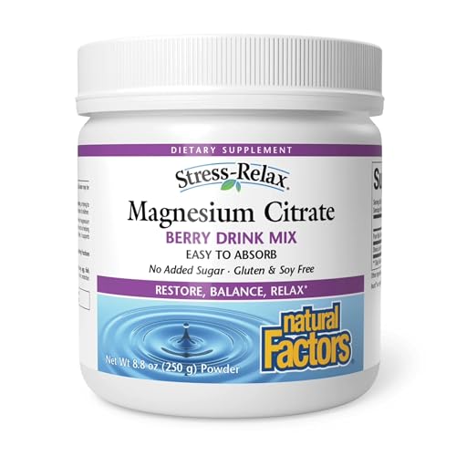 Natural Factors Stress-Relax Magnesium Citrate Drink Mix, Restores Normal Levels of Magnesium & Balances Calcium Intake, Non-GMO, Berry Flavor, 8.8 oz (75 Servings)