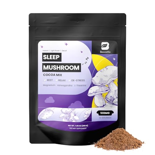B BEWORTHS Mushroom Hot Cocoa, 10 - Blend Mushroom Extract Complex with Sleep Support Formula, Ashwagandha, L-Theanine, Lemon Balm, GABA, Melatonin, Support Fall Asleep and Stay Asleep, 30 Servings