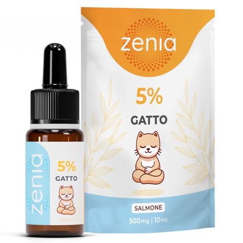 ZENIA Oil GATTO 5% Gusto SALMONE, Calma il tuo gatto riducendogli l'Ansia, Migliora i Dolori Muscolari Olio ideale per Alleviare Artrite, Displasia, Migliora la Qualità della Vita dell'animale (10 ML)