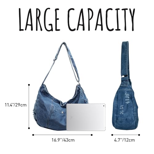 Image of Denim Shoulder Bag for Women,Canvas Tote Messenger Bag with Zipper,Large Casual Crossbody Hobo Handbag Denim Purse