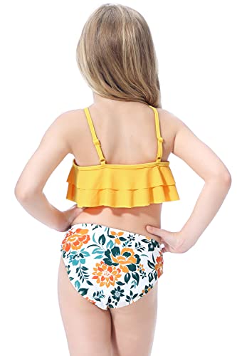 Shekini Girls Floral Printing Bathing Suits Ruffle Flounce Two Piece Swimsuits (Yellow - B, 10-12 Years) #TOP3
