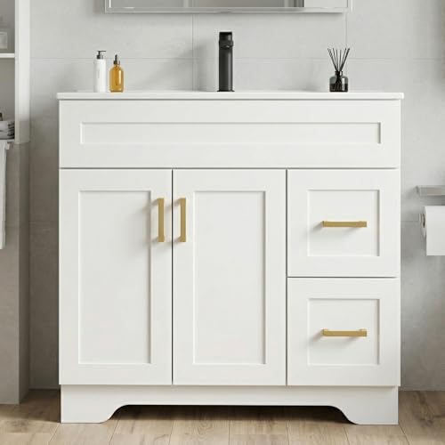 36 Inch Bathroom Vanity with Sink, Modern Wood Shaker Bathroom Vanity Cabinet with 2 Soft-Close Doors & 2 Drawers, Freestanding Bathroom Sink Storage Cabinet, Waterproof Painted Surface, White