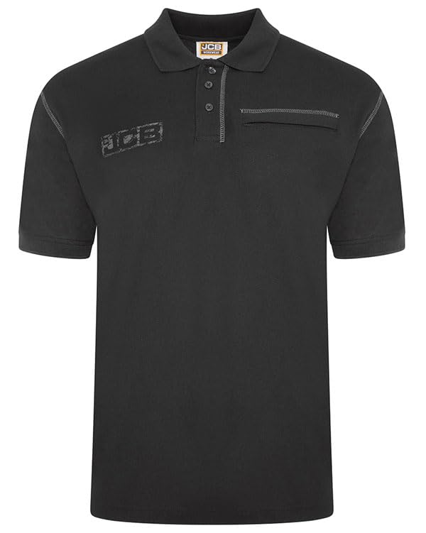 Workwear - Trade Work Polo Shirt - Mens Shirt for Work Accents - Zipped Phone Pocket - 100% Cotton Shirt - Black - Size L