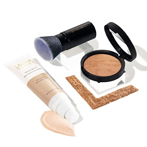 Everyday Routine Kit (3 PC) LAURA GELLER NEW YORK Baked Balance-N-Brighten Color Correcting Powder Foundation, Golden Medium, Retractable Kabuki, Spackle Champagne Glow