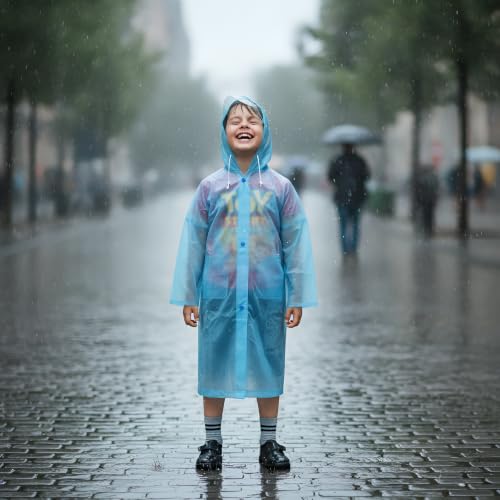 Image of Goodluck Kids Waterproof Knee-Length Raincoat for Boys & Girls - Transparent Hooded Rain Wear, Lightweight Reusable Rain Jacket with Front Button Closure for School, Travel & Outdoor Use